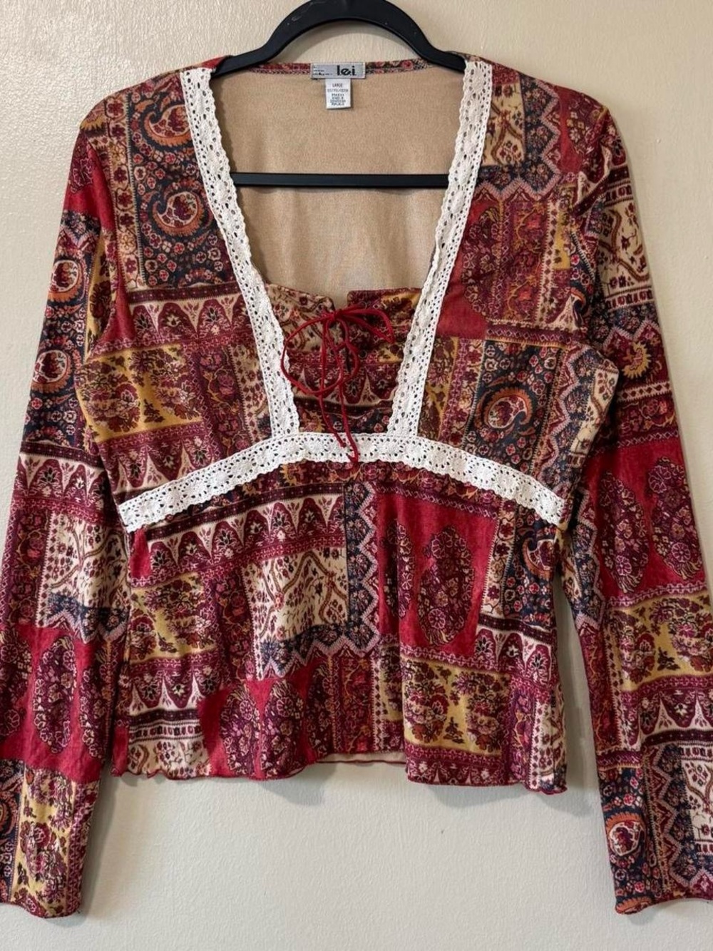 Vintage Y2K LEI boho patchwork long sleeve top